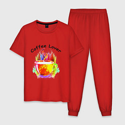 Пижама хлопковая мужская Люблю пить кофе, цвет: красный