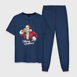 Пижама хлопковая мужская Санта с кружкой пива, цвет: тёмно-синий