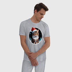 Пижама хлопковая мужская Кот породы Американский бобтейл в новогодней шапке, цвет: меланж — фото 2