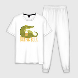 Пижама хлопковая мужская Крокодил пьёт пиво, цвет: белый