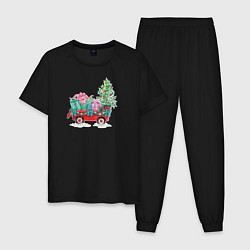 Пижама хлопковая мужская Красный рождественский грузовик, цвет: черный