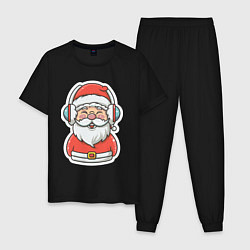 Пижама хлопковая мужская Дед Мороз в наушниках, цвет: черный