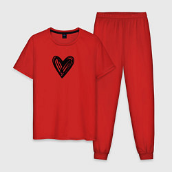 Пижама хлопковая мужская Рисованное чёрное сердце парное, цвет: красный