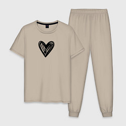 Пижама хлопковая мужская Рисованное чёрное сердце парное, цвет: миндальный