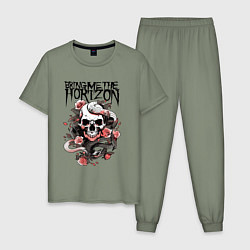 Пижама хлопковая мужская Bring Me the Horizon - A skull with roses, цвет: авокадо