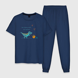 Пижама хлопковая мужская Забавный динозавр бежит за курицей, цвет: тёмно-синий