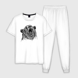 Пижама хлопковая мужская Медведь ревет, цвет: белый