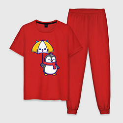 Пижама хлопковая мужская Пингвинчик под зонтом, цвет: красный
