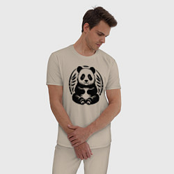 Пижама хлопковая мужская Сидящая чёрная панда в позе лотоса, цвет: миндальный — фото 2