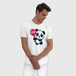 Пижама хлопковая мужская Милая панда со знаком стоп, цвет: белый — фото 2