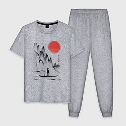 Пижама хлопковая мужская Традиционный японский пейзаж с рыбаком и горами, цвет: меланж