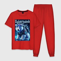 Пижама хлопковая мужская Белый медвежонок в стиле киберпанк, цвет: красный