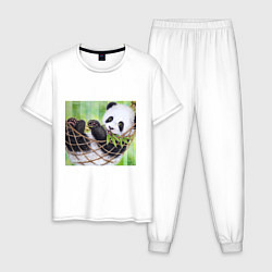 Пижама хлопковая мужская Панда медвед, цвет: белый