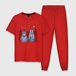 Пижама хлопковая мужская Два медведя в стиле мезенской росписи, цвет: красный