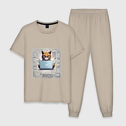 Пижама хлопковая мужская Кот программист за ноутбуком, цвет: миндальный
