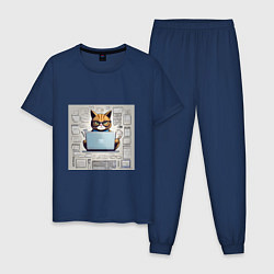 Пижама хлопковая мужская Кот программист за ноутбуком, цвет: тёмно-синий