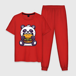 Пижама хлопковая мужская Панда ест гамбургер, цвет: красный