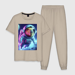 Пижама хлопковая мужская Полёт капибары в космосе - неон, цвет: миндальный