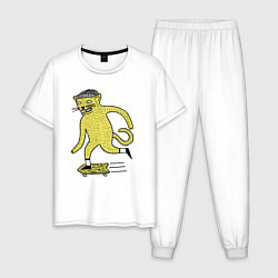 Пижама хлопковая мужская Кот скейтбордист, цвет: белый