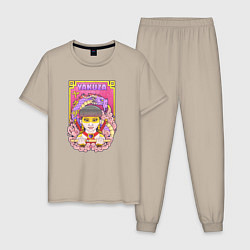 Пижама хлопковая мужская Девушка якудза, цвет: миндальный