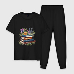 Пижама хлопковая мужская Стопка книг с полевыми цветами, цвет: черный