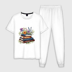 Пижама хлопковая мужская Стопка книг с полевыми цветами, цвет: белый