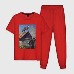 Пижама хлопковая мужская Геральд и плотва на крыше - обложка карты из Гвинт, цвет: красный