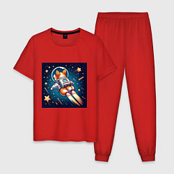 Пижама хлопковая мужская Реактивный корги в космосе, цвет: красный