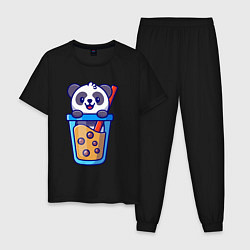 Пижама хлопковая мужская Панда в стаканчике, цвет: черный