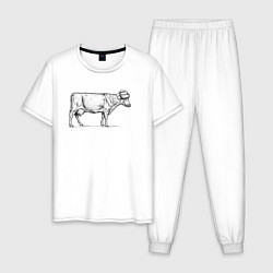 Пижама хлопковая мужская Новогодняя корова сбоку, цвет: белый