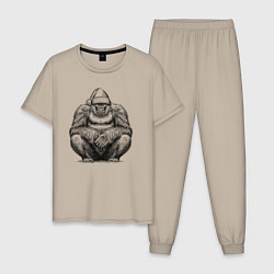 Пижама хлопковая мужская Новогодняя горилла на корточках, цвет: миндальный