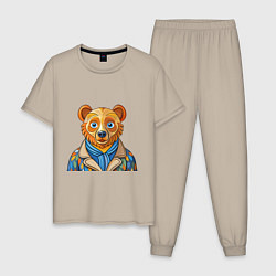 Пижама хлопковая мужская Медведь в стиле Ван Гога, цвет: миндальный