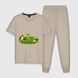 Пижама хлопковая мужская Животные играют в мячик, цвет: миндальный