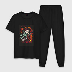 Пижама хлопковая мужская Клинок рассекающий демонов Тандзиро огненный, цвет: черный