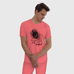 Пижама хлопковая мужская Перо павлина - на удачу, цвет: коралловый — фото 2