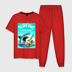 Пижама хлопковая мужская Surfing never alone - shark and surfer, цвет: красный