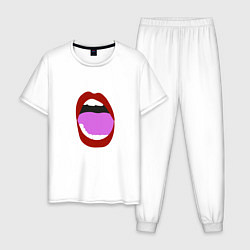 Пижама хлопковая мужская Открытый рот в мультяшном стиле красные губы секси, цвет: белый