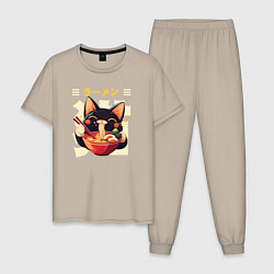 Пижама хлопковая мужская Ramen and cat, цвет: миндальный