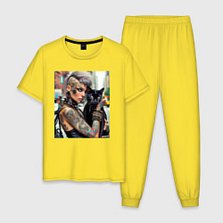 Мужская пижама Девчонка панк в татухах с чёрным котом - нейросеть