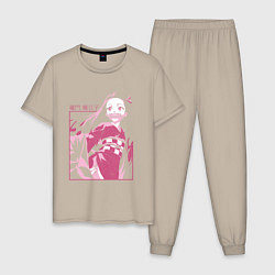 Пижама хлопковая мужская Клинок рассекающий демонов милая Незуко в розовом, цвет: миндальный