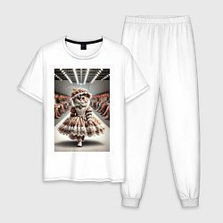 Пижама хлопковая мужская Милая винтажная кошка на подиуме в винтажном плать, цвет: белый