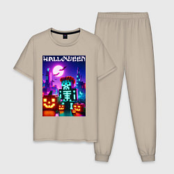 Пижама хлопковая мужская Pumpkin and skeleton - neon glow, цвет: миндальный
