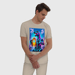 Пижама хлопковая мужская Neon beersaur in metropolis - ai art fantasy, цвет: миндальный — фото 2
