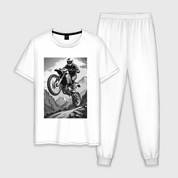 Пижама хлопковая мужская Мотоциклист в горах, цвет: белый