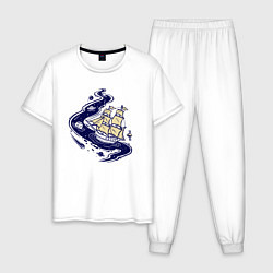 Пижама хлопковая мужская Парусник в космосе, цвет: белый