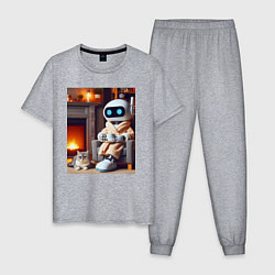 Пижама хлопковая мужская Робот у камина с котом и чашкой кофе - нейроарт, цвет: меланж