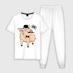 Пижама хлопковая мужская Свин в цилиндре, цвет: белый