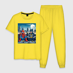 Мужская пижама Человек паук и Бэтмен пьют пиво на крыше небоскрёб