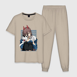 Пижама хлопковая мужская Человек-бензопила Пауэр и кошка, цвет: миндальный