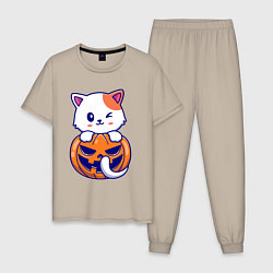 Пижама хлопковая мужская Halloween meow, цвет: миндальный